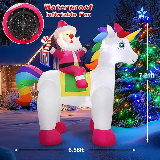 7.2 FT Christmas Inflatables Yard Decorations Outdoor Santa Claus Riding Unicorn Inflatables Decorations Built-in LED Lights, Christmas Blow Up for Outdoor, Yard, Roof, Lawn