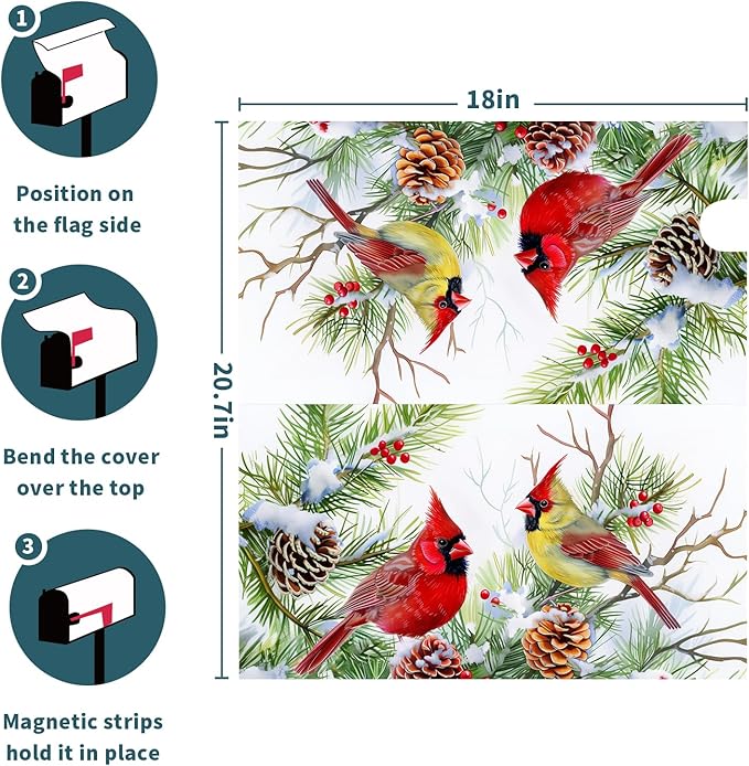 Winter Birds Mailbox Cover with Magnetic Christmas Tree Holly Branches Red Berry Pine Cone Mailbox Wrap Post Cover Standard Size 21x18 Inch for Garden Yard Outdoor Patio Hew Year Decor