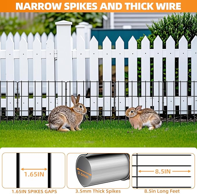 25 Pack Garden Animal Barrier - 1.65inch Spike Spacing, Reusable Rustproof Metal Fence Border for Dogs & Rabbits - Total 27ft(L) x 17inch(H)