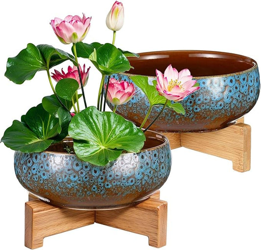 Baderke 2 Pcs Lotus Bowl Planter with Base Ceramic Hydroponic Planter Water Lily Bowl for Planting Aquatic and Indoor Plants Household Ceramic Basin Decor(Blue)