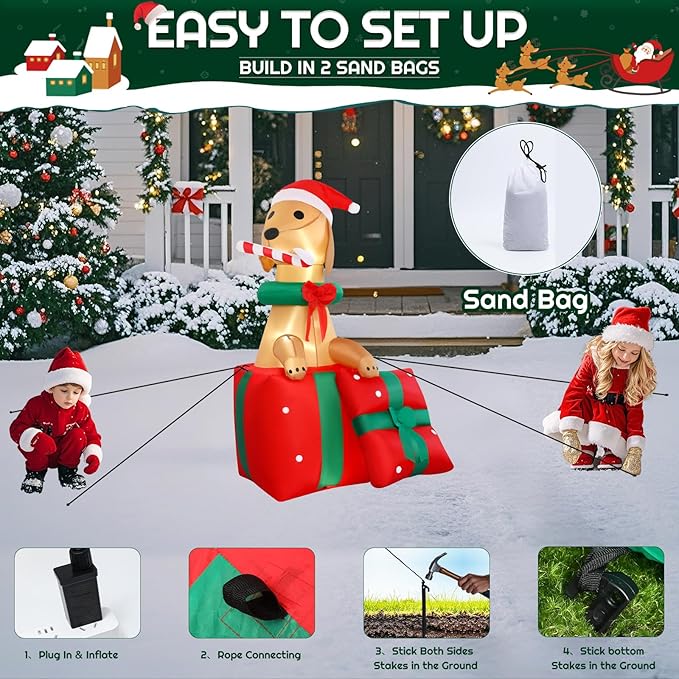 5FT Dog Christmas Inflatables Outdoor Golden Retriever Christmas Indoor Blow Ups Yard Decorations Inflatable Ouside Xmas Funny Blow Ups Holiday Yard Decorations for Party Garden Lawn Holiday Decor