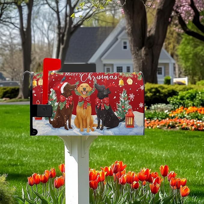 Merry Christmas Mailbox Covers Magnetic Standard Size Winter Dogs Mail Box Cover 21x18 inch Happy New Year Post Letter Box Cover Outdoor Decor for Garden