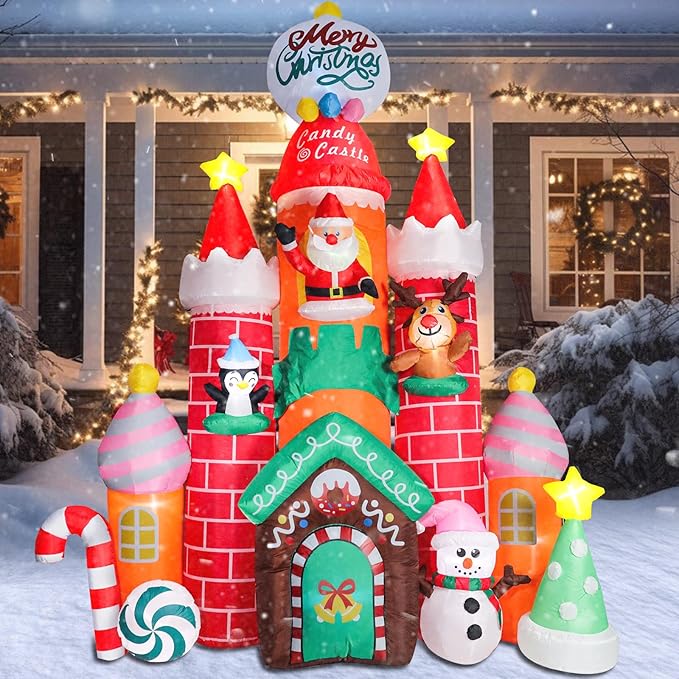 Taman 9.6 FT Christmas Inflatable Decorations Christmas Castle, Outdoor Yard Decorations Built-in Bright RGB Projector Light Blow Up for Yard, Garden,Lawn Outdoor Holiday Yard Decorations