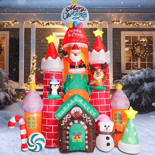 Taman 9.6 FT Christmas Inflatable Decorations Christmas Castle, Outdoor Yard Decorations Built-in Bright RGB Projector Light Blow Up for Yard, Garden,Lawn Outdoor Holiday Yard Decorations