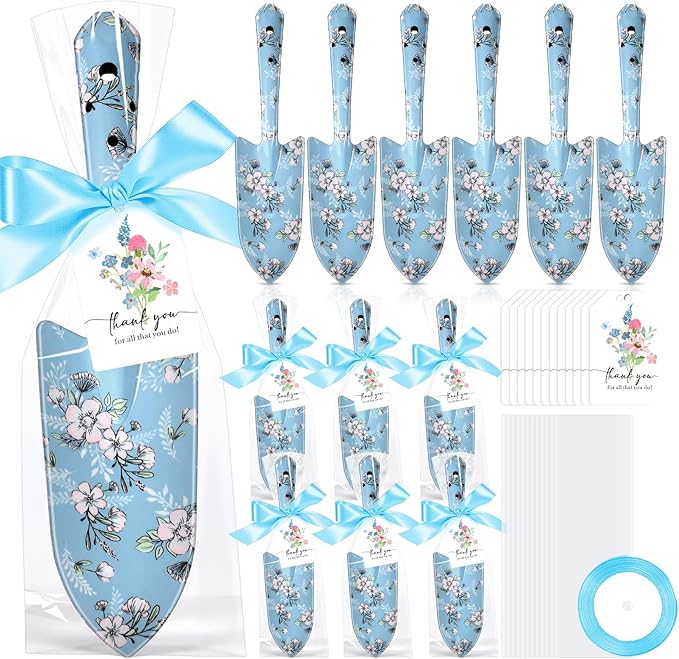 Capoda 12 Sets Floral Garden Shovels Bulk Gardening Gift for Women Thanksgiving Garden Tools Floral Hand Heavy Duty Trowels Thank You Cards with Bags for Christmas Mom Birthday Teacher(Blue,Bright)