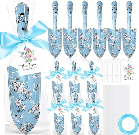 Capoda 12 Sets Floral Garden Shovels Bulk Gardening Gift for Women Thanksgiving Garden Tools Floral Hand Heavy Duty Trowels Thank You Cards with Bags for Christmas Mom Birthday Teacher(Blue,Bright)