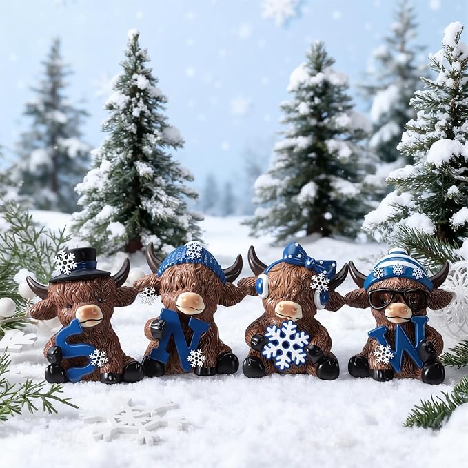 Sosation 4 Pcs Winter Snow Highland Cow Figurines Christmas Snowflake Highland Cow Gnomes Snowy Scottish Resin Statue Calf Gifts for Winter Home Garden Kitchen Office Tiered Tray Table Decor