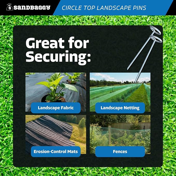 Sandbaggy 6-inch Circle Top Pins - Landscape Staples (Galvanized) - Garden Stakes for Landscaping, SOD - Heavy Duty Ground Stakes, Lawn Turf Spikes, Christmas Decorations, Weed Mats (25 Pins)