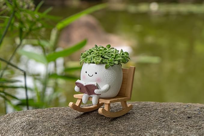 Rocking Chair Smily Face Planter with Drainage Hole, Cute Plant Pots for Indoor Outdoor Plants,Unique Funny Flower Pot for Succulents,Gift for Mother's Day, Birthday, Christmas(White)