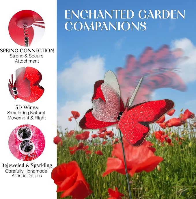 Handmade Red Butterfly Garden Stakes Set of 7 - Decorative Outdoor & Indoor Plant Decor - Nature Lover Gift Idea by Air Aquarium Kushner