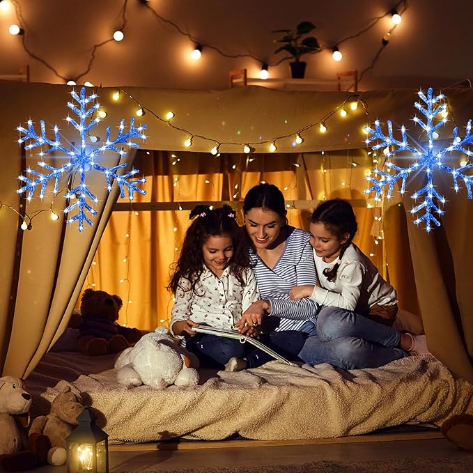 Christmas Window Snowflake Lights Decorations, Battery Operated Led Hanging Iron Lights, 8 Lighting Modes for Home Bedroom Indoor Outdoor Wall Holiday Decor (Blue, 4 Pack)