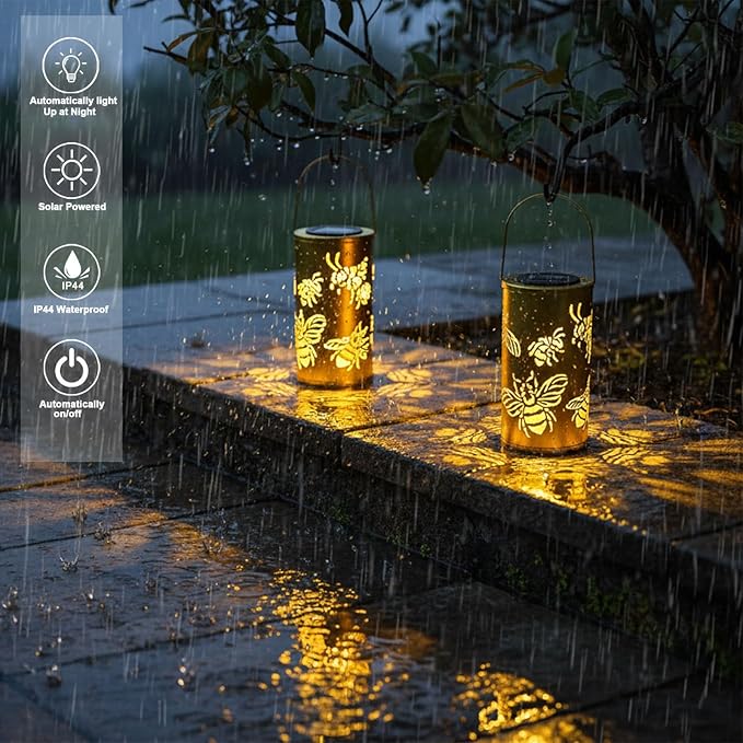 2pack Large Size Solar Laterns Outdoor Waterproof Metal Bee Patterns Garden Decor Gifts for Women Mom Grandma Hanging Solar Lights Decoration Outside for Yard, Patio, Backyard, Porch