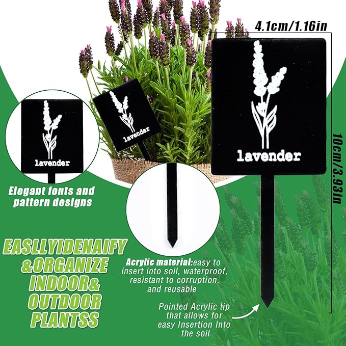 24Pcs Garden Herb Markers Acrylic Plant Label Signs Plant Stake Tags Reusable Black Waterproof Tags with Herb Names for Nursery Seedlings Potted Greenhouse Indoor Outdoor Garden Decoration