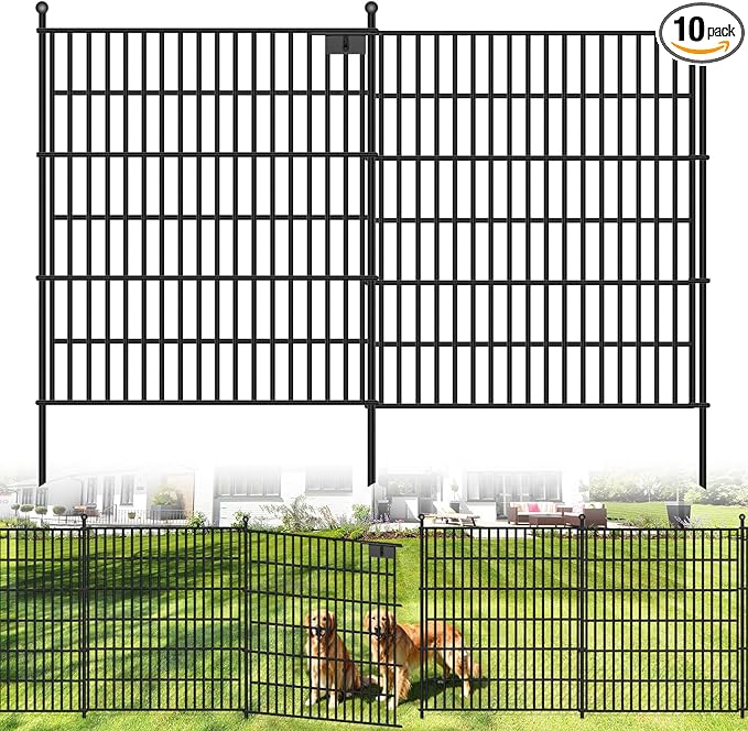 10 Panels No Dig Garden Fence with Gate, 32 in(H) X24.2 ft(L) Metal Fence Panels, Thickened Rustproof Garden Fencing, Animal Barrier Fence for Dogs, Rabbits, and Patio