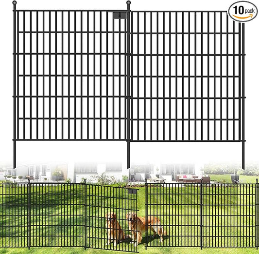10 Panels No Dig Garden Fence with Gate, 32 in(H) X24.2 ft(L) Metal Fence Panels, Thickened Rustproof Garden Fencing, Animal Barrier Fence for Dogs, Rabbits, and Patio