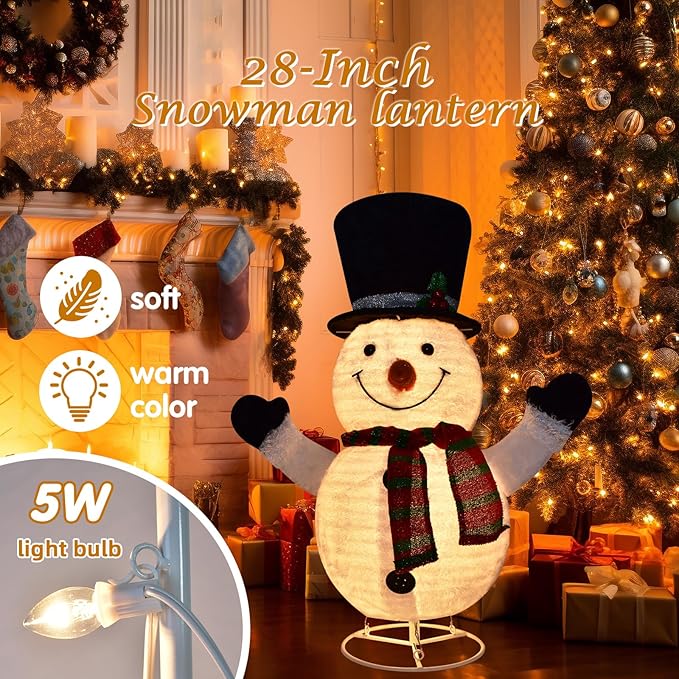 Lighted Snowman Outdoor Christmas Decorations - 28 inch Light up Snowman with LED Lights, Pre-lit Snowman with Top Hat Holiday Ornaments Yard Decor for Home, Lawn and Front Yard