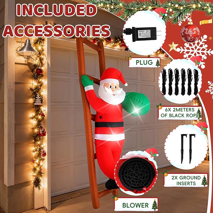 8FT Santa Claus Climbing on Ladder Christmas Decoration with Built-in LED Lights, Christmas Outdoor Inflatable Decoration for Lawn, Yard, Garden, Patio