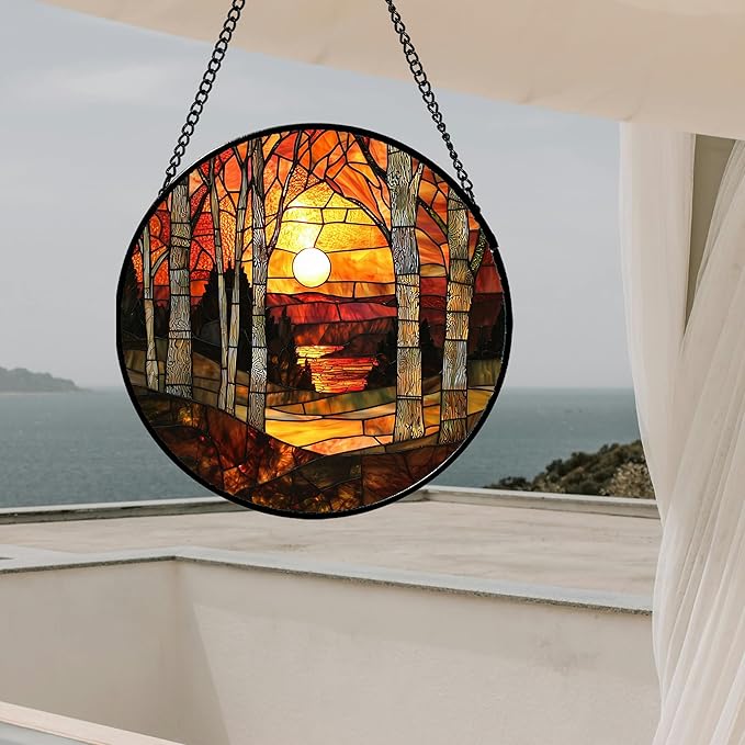 Stained Glass Window Hanging, Orange Red Landscape Forest Lake Moon Suncatcher for Doors Window Home Sun Catchers Decor Mother's Day Birthday Gifts for Women Men Mom 7.8 in