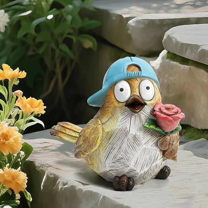 Garden Bird Statue for Decorations Outdoor Animal Figurines Little Bird Holding Flowers Sculpture Birds Figurines for Garden Yard Porch Patio Lawn Outside Home Decor Gift for Woman