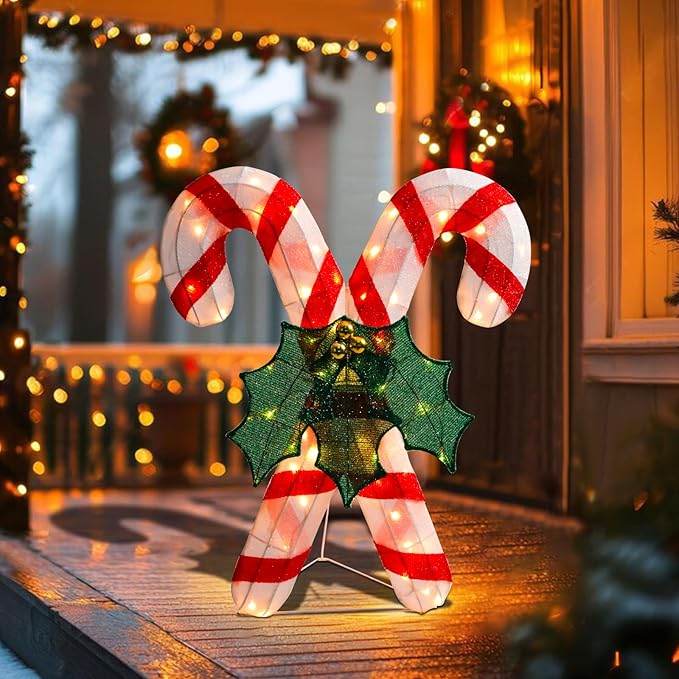 Lighted Christmas Candy Cane Decoration Outdoor Pre-lit 3D Crossed Candy Cane Glittered with LEDs Lighted Up Standing Ornament Outdoor Indoor Christmas Decoration for Home Lawn Yard Garden Display