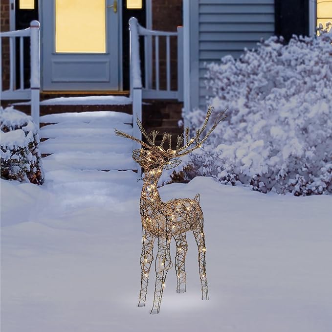 Alpine Corporation 35" Tall Outdoor Lighted Rattan Reindeer Christmas Yard Decoration with 60 Warm White LED Lights for Lawn Display, Brown