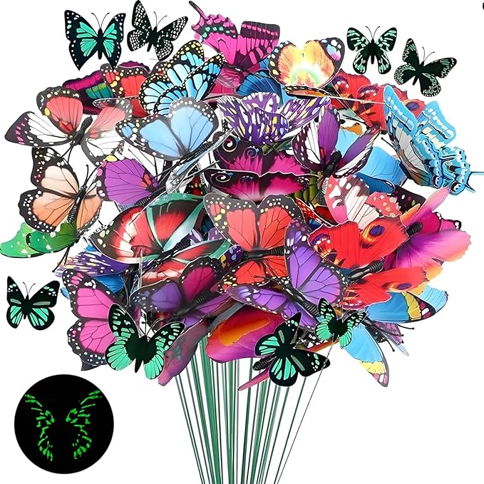 50pcs Glow in The-Dark Butterfly Garden Posts -3.2inch Colorful Butterfly Decorations for Outdoor Gardens, courtyards, Flower beds, Indoor planters, Party Decorations - Waterproof Material