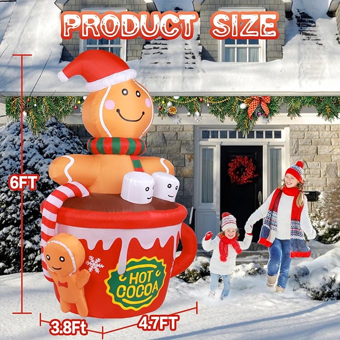 Gardentime 6FT Christmas Gingerbread Man Inflatables Outdoor Decoration Hot Cocoa Cup Cute Giant Xmas Blowups with Built-in LED Lights for Holiday Indoor Yard Lawn Garden Outside Home Décor