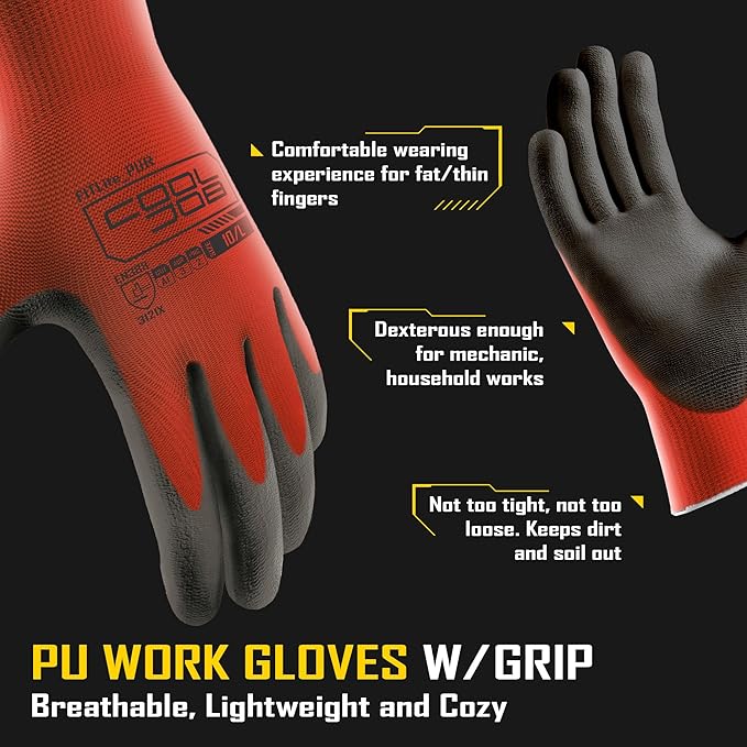 COOLJOB 60 Pairs Safety Work Gloves Pack Bulk with Grip PU Coating, 13 Gauge Seamless Knit Gloves with Polyurethane Dipped for Warehouse Working, Breathable Lightweight for Men Women, Red Small