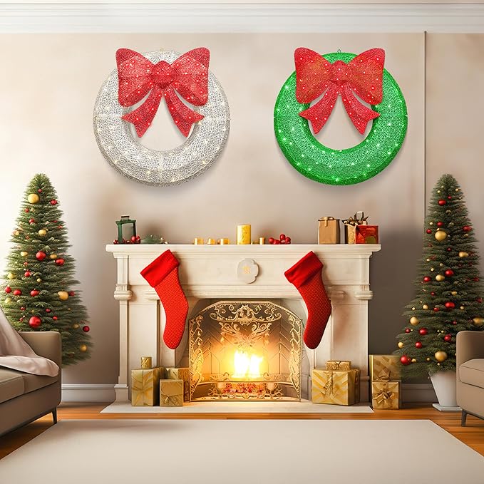 Lamerge 1PC Pre-Lit Outdoor Christmas Wreath Decorations, 36'' Bow Holiday Decor Wreath, Christmas Wreath with 90 Lights, Lights Outdoor/Indoor Decorations for Front Door, Wall, Window, White