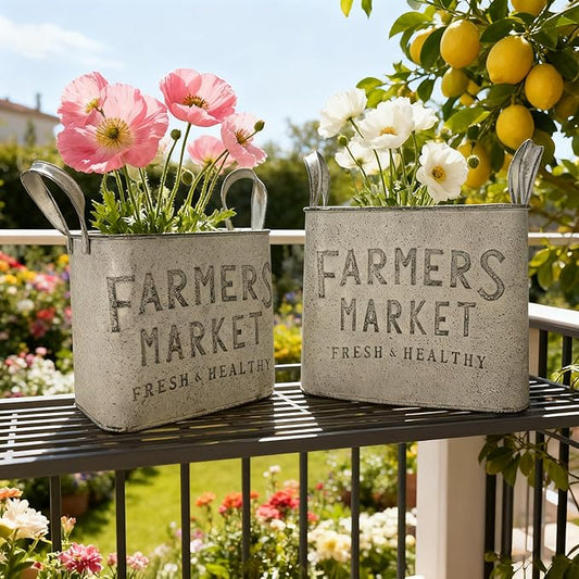 Vintage Metal Flower Planter Buckets with Handle Set of 2 Rustic Metal Flower Pots Farmhouse Plant Containers for Herb Succulent, Indoor Outdoor Garden Home Yard Bathroom Kitchen Decor (White)
