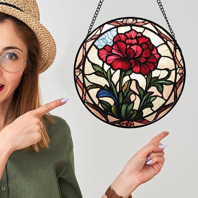 Stained Glass Window Hanging - Red Carnation Birth Flower Sun Catcher for Door Garden Home Decor Suncatcher Christmas Mother's Day Birthday Gifts for Women Men Mom Nana Friend Wife 15 in