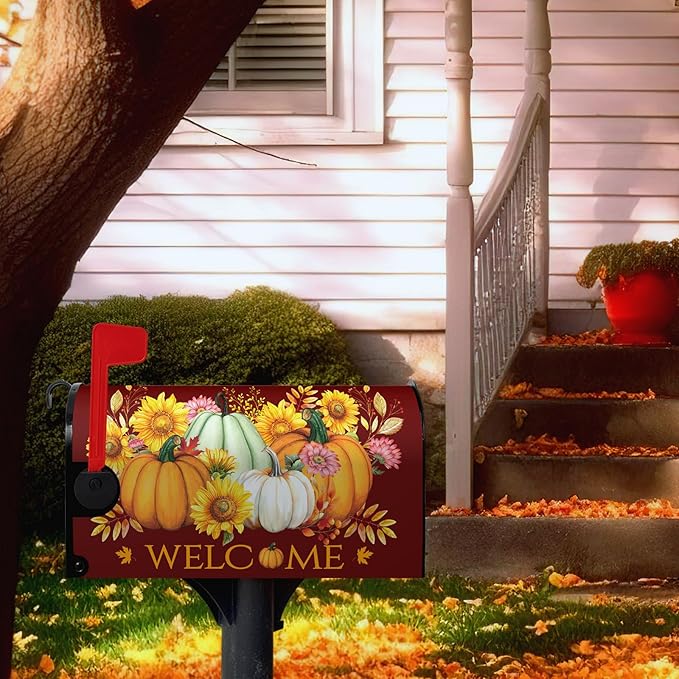 Fall Autumn Pumpkin Mailbox Cover Magnetic Yellow Sunflower Maple Leaves Mailbox Cover Large Size 25.5 X 21 Inch Thanksgiving Welcome Post Box Covers Wraps Home Garden Decor for Outdoor