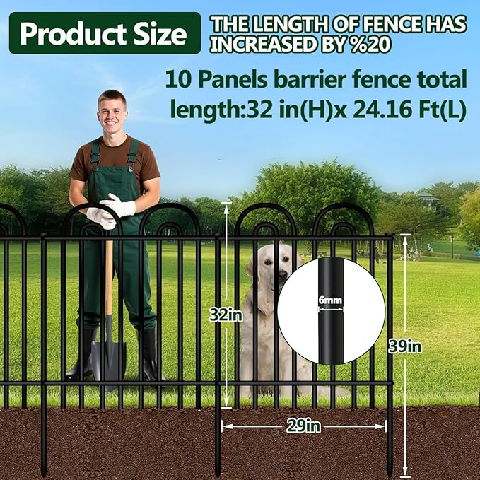Decorative Garden Fence, 10 Panels No Dig Fence, 32 in(H) x 24.16 ft(L) Animal Barrier for Dogs Rabbits, Rustproof Metal Arched Decorative Garden Fences for Flower Bed, Outdoor, Yard, Patio
