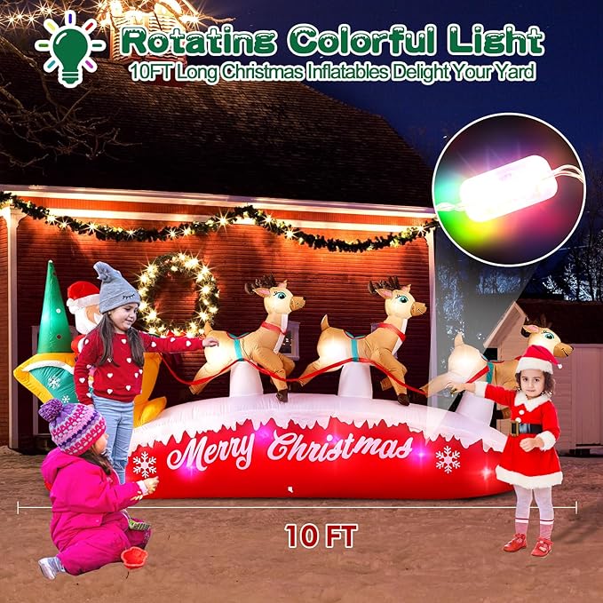 Danxilu Christmas Inflatables 10 FT Long Santa Sleigh with Reindeer Outdoor Decorations, Built-in Colorful LEDs Santa Claus Deer Sled Blow Up Yard Decoration for Outside Lawn Holiday Xmas Decor