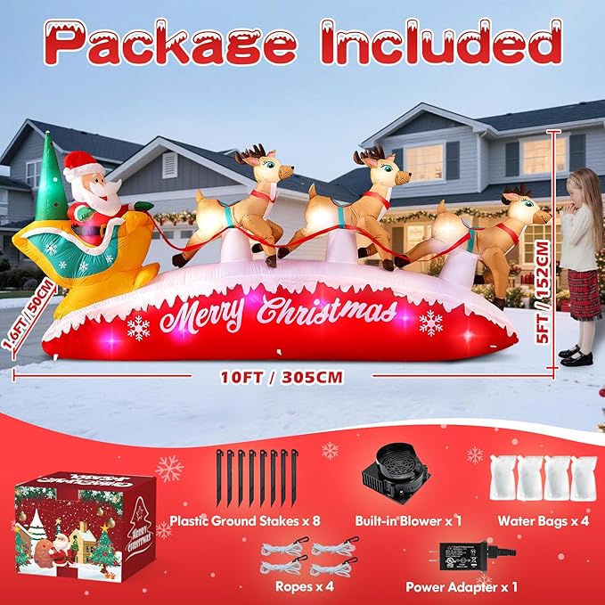 10FT Long Christmas Inflatables Santa Claus with Reindeer Sleigh Outdoor Decorations, Build-in Rotating Colorful LEDs Santa Blow up Yard Decoration for Holiday Xmas Party Indoor Lawn Christmas Eve