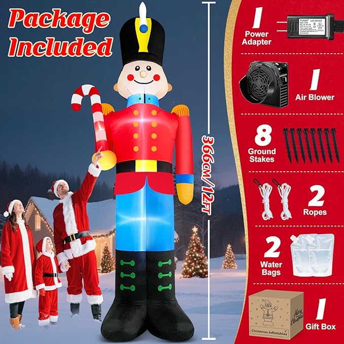 12 FT Tall Nutcracker Inflatable Christmas Decorations Outdoor Candy Cane, Built-in LED Lights Large Funny Soldier Xmas Blow Up Yard Decoration for Winter Holiday Party Indoor Outside Lawn Garden