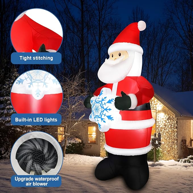 7FT Christmas Inflatable Outdoor Decoration Blow Up Santa Claus Hold Snowflake Yard Decor Built-in LED Lighted Xmas Garden Lawn Patio Party Holiday Ornaments