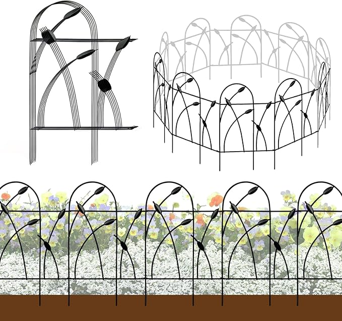 Metal Decorative Garden Fence Border, 32 in.H x 19.5 in.W (10 Panels, Total Length 16 feet) No Dig Fence Rustproof Wrought Iron Landscape Fencing for Flower Bed, Trees, Black
