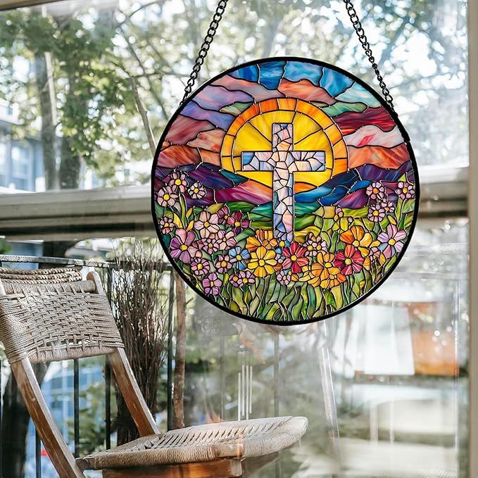 Stained Glass Window Hanging - Cross Flower Sea Sun Catcher for Door Terrace Garden Home Decor, Mountains Landscape Suncatcher Birthday Gifts for Lovers Women Men Dad Mom Nana 9.8 in