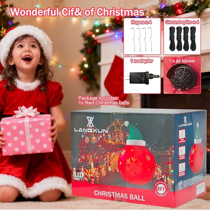 8ft Red Christmas Ball with Santa Hat Inflatable Outdoor Indoor Decor, Giant Blow Up IP44 Weatherproof Xmas Decorations for Yard, Built-in 7-Color LED Rotating Light for Gardern Lawn Winter Holiday