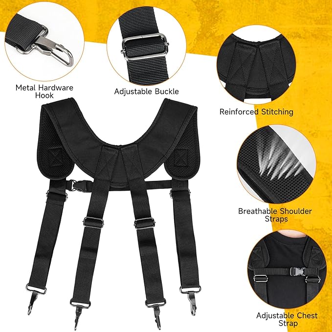 Tool Belt with Suspenders,27-Pockets Heavy Duty Tool Belts for Men with Magnetic Tool Pouch,Detachable & Adjustable Work Belt Bag for Electrician,Carpenter,Construction,Utility Toolbelt,Black,Yellow