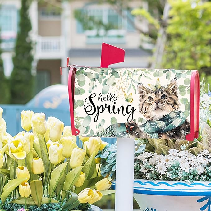 Hello Spring Cat Magnetic Mailbox Cover 25.5"x21" Watercolor Sage Green Eucalyptus Leaf Kitten Butterfly Mailbox Wrap Post Cover Large Size for Garden Yard Outdoor Outside Decor