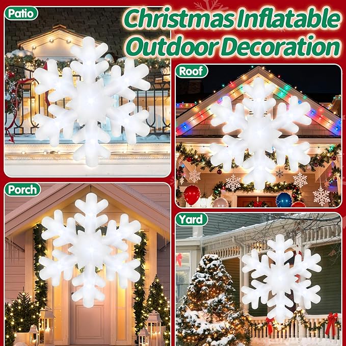 6FT Christmas Hanging Inflatable Snowflake Giant Blow Up Snowflake Ornaments Built-in 7 LED Lights for Christmas Inflatables Outdoor Decorations Winter Xmas Party Supplies Window Roof Wall Yard