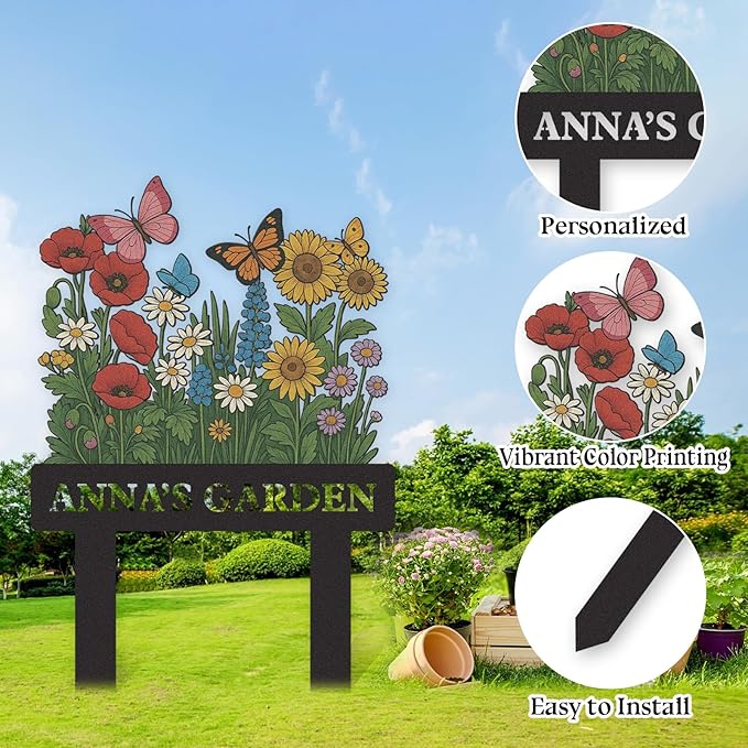 Personalized Garden Signs, Colorful Flowers Garden Decor for Outside, Decorative Yard Stakes, Metal Yard Art, Patio Decor, Custom Last Name Sign, Lawn Art, Housewarming Gifts Color09