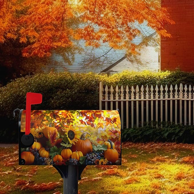 Fall Autumn Pumpkin Mailbox Cover Magnetic Large Size 25.5X21 Inch Harvest Maple Leaves Letter Box Cover Yellow Pumpkins Fall Mail Wraps Post Garden Decorations