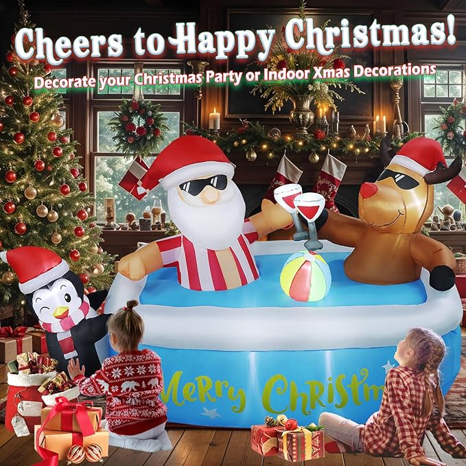 7FT Christmas Inflatable Outdoor Decoration, Christmas Inflatables Santa Claus Cheers Pool Party with Built-in 8 LED Lights & Air Blower for Xmas Blow Up Yard Decorations Outdoor Indoor