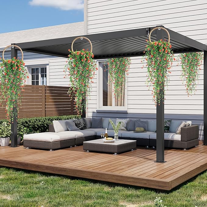 Artificial Hanging Flowers, 3 Pcs Fake Hanging Plants Artificial Vines for Outdoors, Fake Ivy Vine UV Resistant No Fade Faux Plants for Indoor Outside Garden Patio Yard Greenery Decoration (Orange)