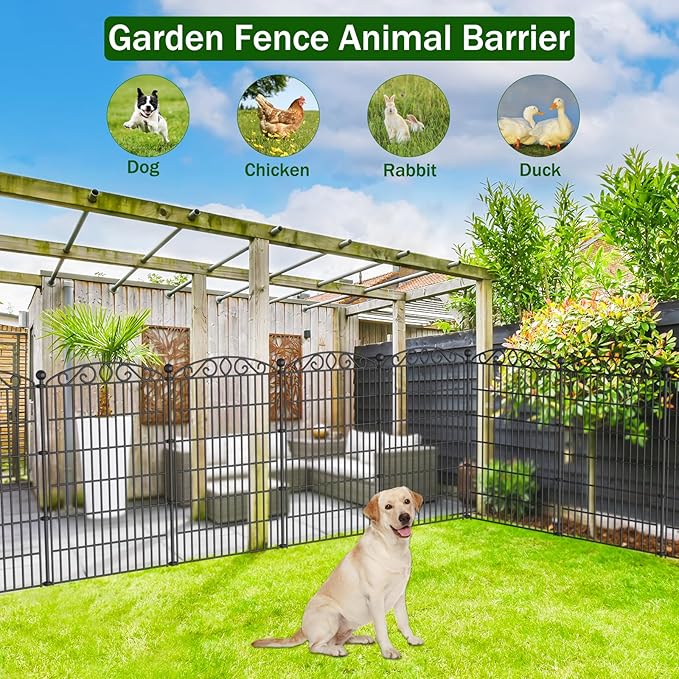 12 Panel No Dig Decorative Garden Fence with Gate - 42in H x 25.55ft L, Tall Animal Barrier for Dogs Rabbits, Rustproof Metal Wire Panels for Yard, Patio, and Outdoor Border Use