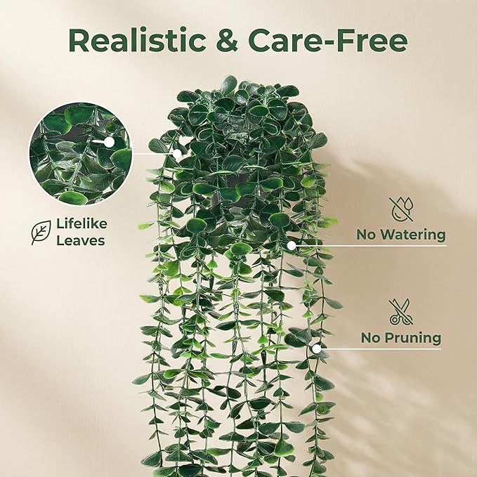Artificial Hanging Eucalyptus Plants，Fake Plants Eucalyptus Small Decor Faux Hanging Vine Plants Wall Greenery for New Home Decoration，for Floating Shelf Indoor Outdoor Pack of 2
