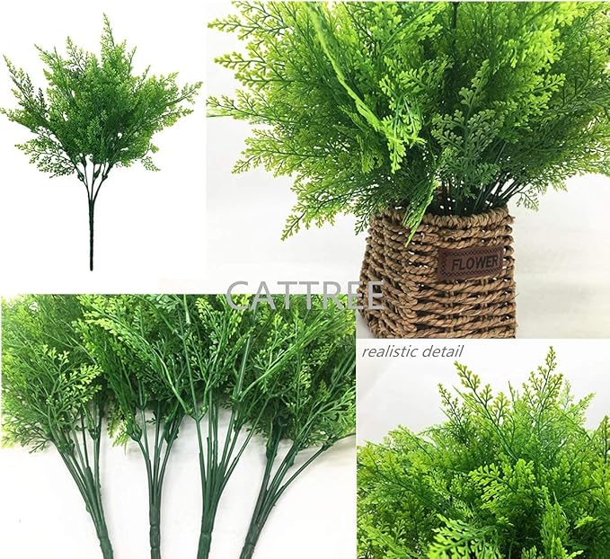 CATTREE Artificial Shrubs Bushes, Plastic Plants Fern Leaves Fake Persian Grass Wedding Indoor Outdoor Home Garden Verandah Kitchen Office Table Centerpieces Arrangements Christmas Decoration 8 pcs